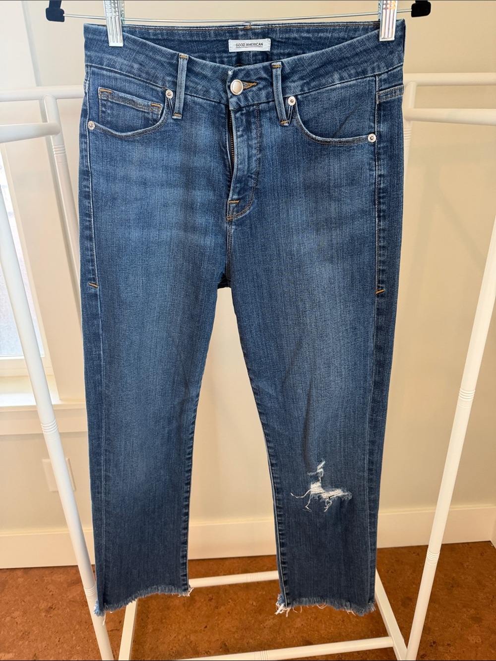 Good American Mid Blue Ankle Crop Distressed Jeans